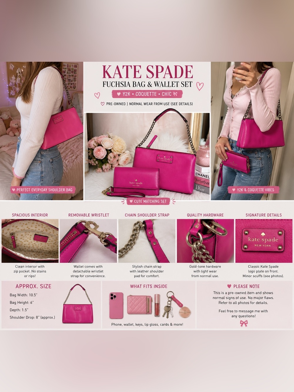 Kate Spade Fuchsia Pink Matching Purse & Wallet Set Y2K Coquette Barbiecore - Picture 8 of 8